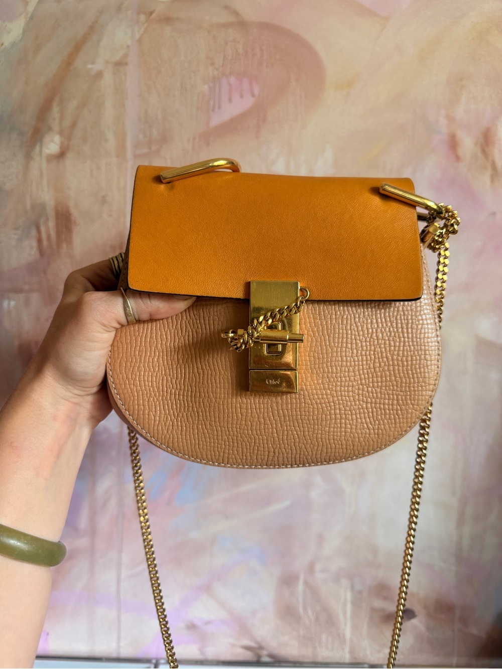 Chloe Drew Two-Tone Leather Saddle Bag in Tan & Orange